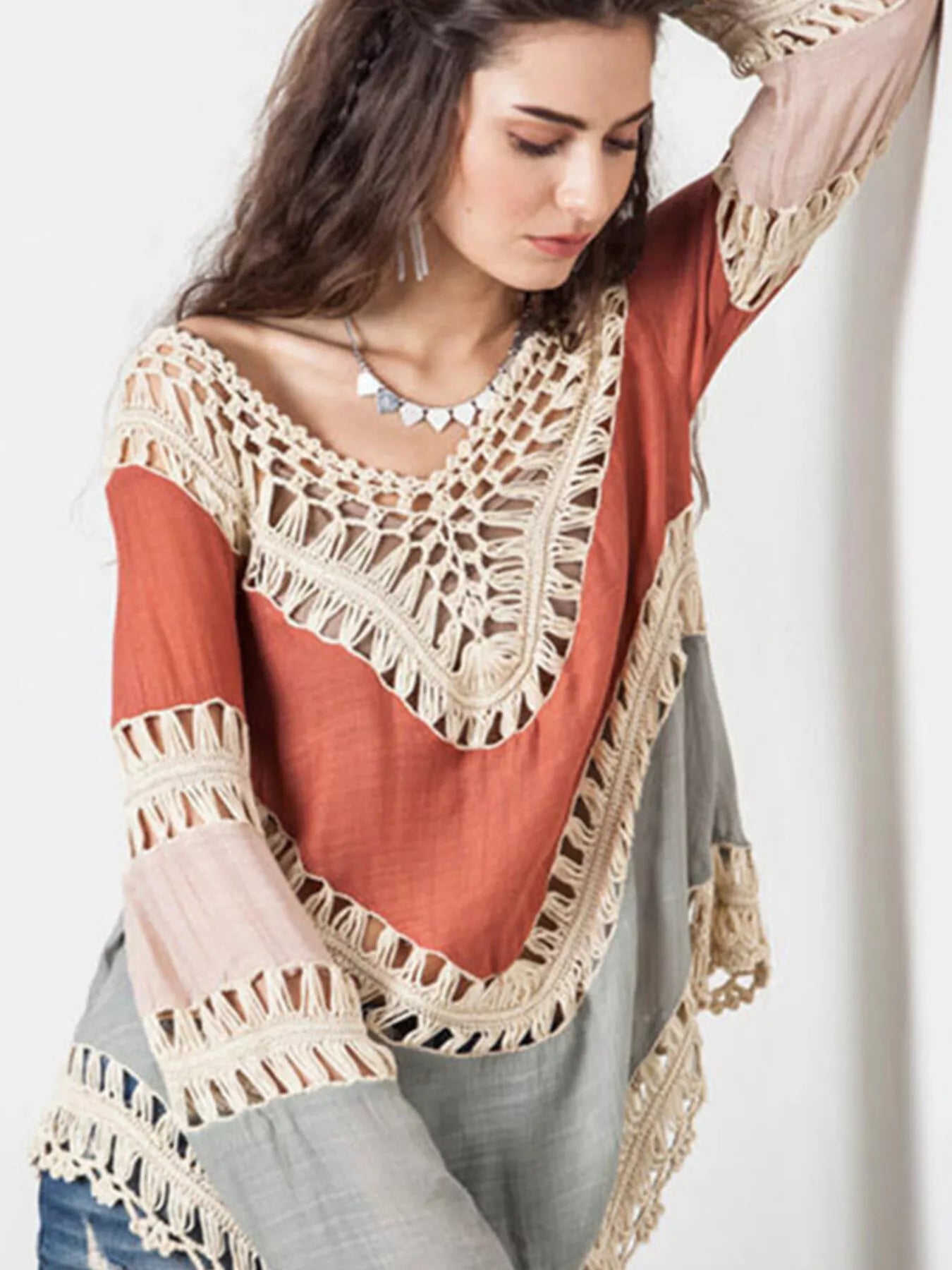 Crochet-trimmed long sleeve cover-up by Trendsi, featuring lightweight fabric and stylish design, perfect for beach or poolside wear.