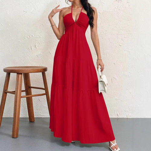 Backless halterneck V-neck pleated A-line dress for women, stylish and elegant, by Plush Fashion Hub.