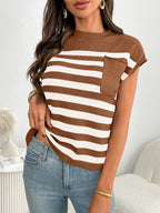 Women's striped knit cap sleeve sweater with pocket detail, Trendsi, showing close-up of cozy, stylish knit fabric and pocket accents.