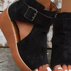 Open toe wedge sandals by Plush Fashion Hub with strappy design and chunky heel, perfect for summer casual wear.