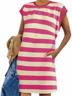 Full size casual striped short sleeve mini dress by Trendsi, featuring a relaxed fit and stylish horizontal stripe pattern.