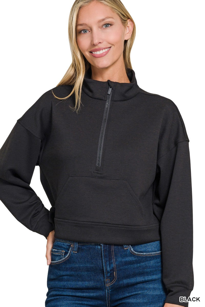 Women's scuba half-zip pullover sweatshirt by Trendsi featuring a kangaroo pocket, in a comfortable, casual style.