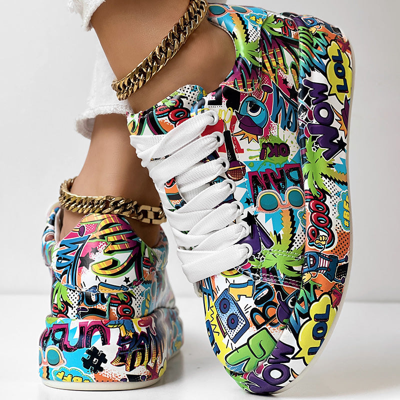 Women’s FitiqueFit round-toe lace-up sneakers with thick soles and casual printed design, ideal for everyday footwear.