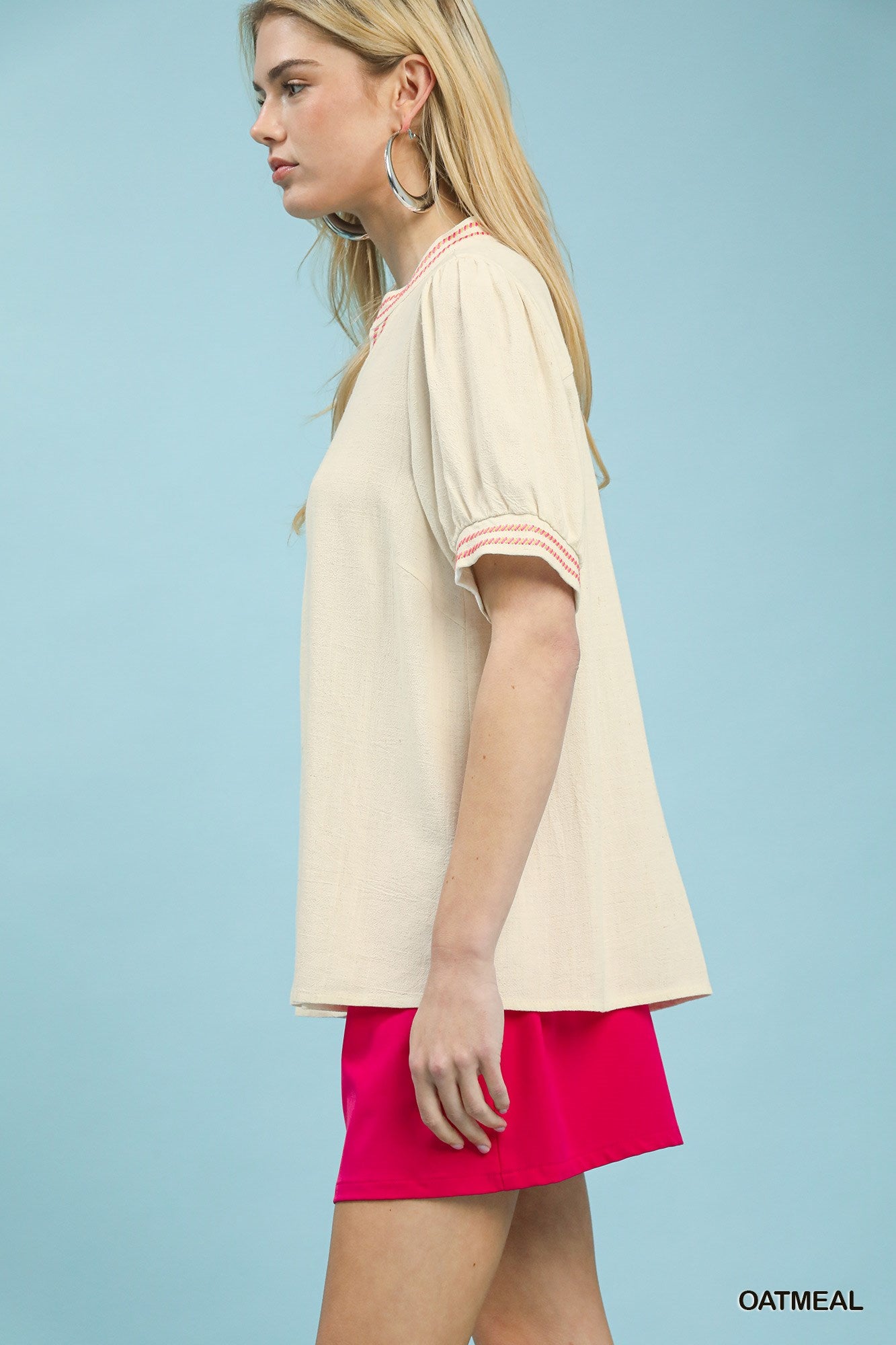 Embroidered linen puff sleeve blouse for women, breathable cotton blend shirt with floral embroidery and relaxed fit.