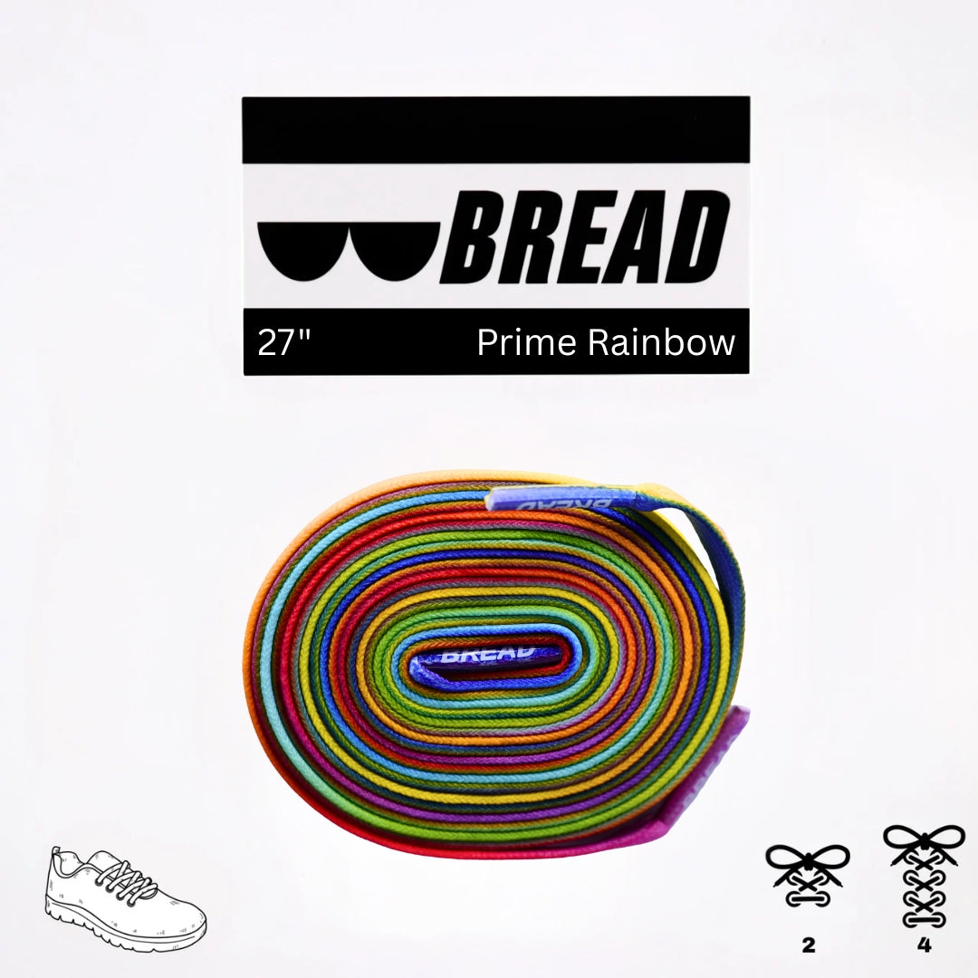 Colorful Prime Rainbow elastic shoelace by Bread with vibrant rainbow pattern, ideal for comfortable, adjustable sneaker lacing.