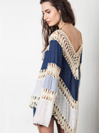 Crochet trimmed long sleeve cover-up by Trendsi featuring lightweight fabric and intricate crochet detailing.