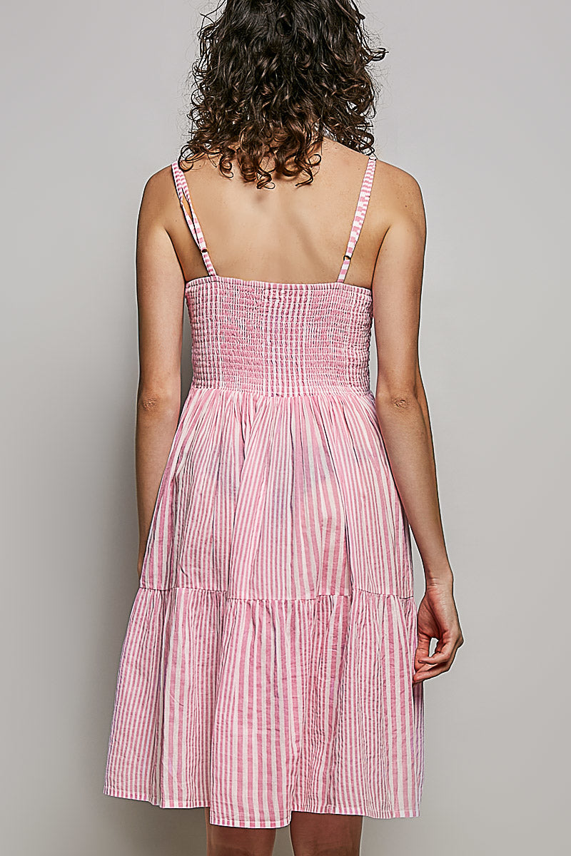 Women's sleeveless striped smocked embroidered cotton mini dress featuring a fitted bodice and playful pattern, perfect for summer wear.