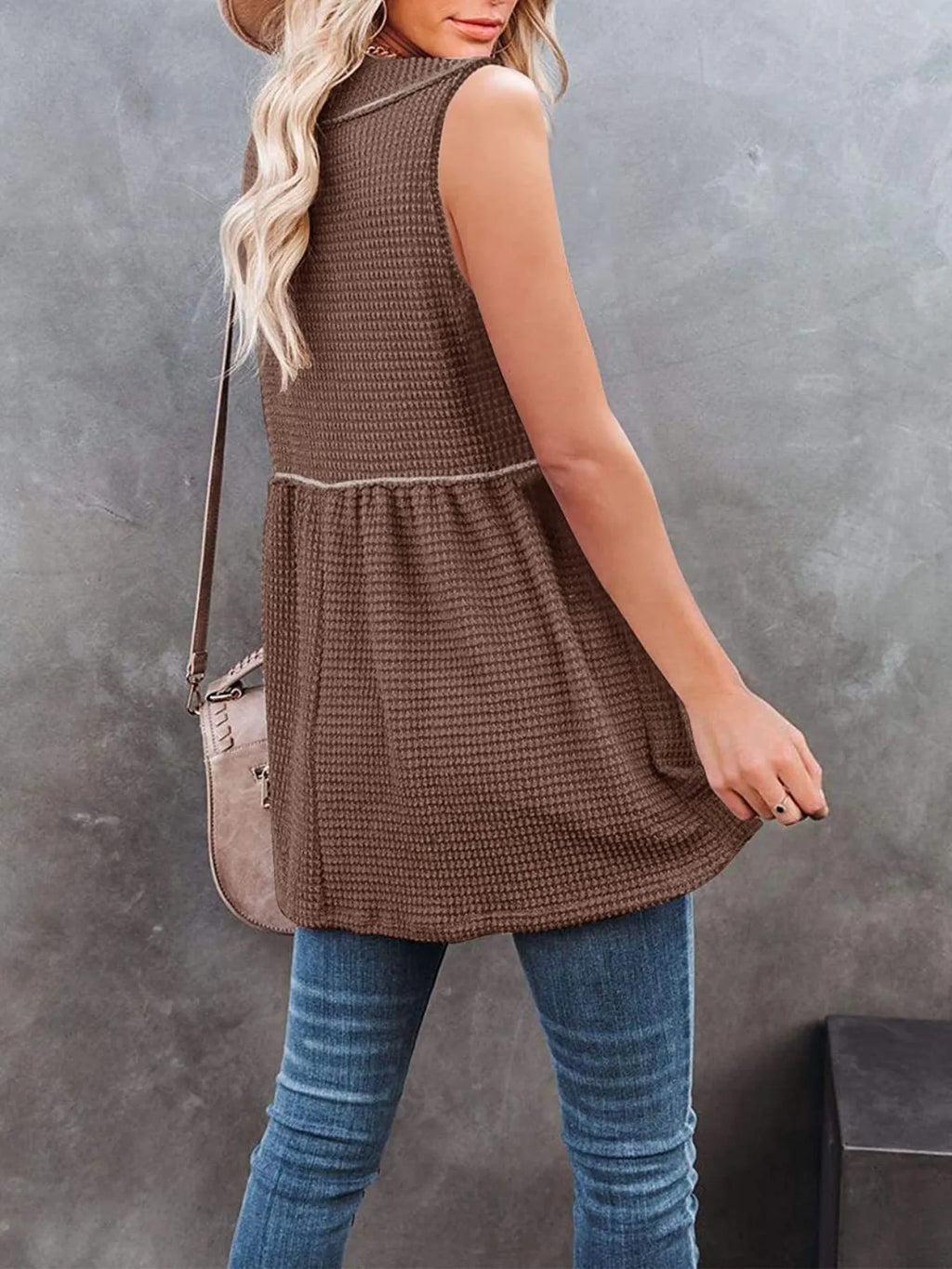 V-neck waffle knit tank top with contrast stitching from Trendsi, featuring a relaxed fit and stylish design.