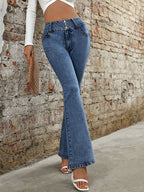 Plush Fashion Shop denim bootcut jeans with front and back pockets, classic style, and a fitted waist.