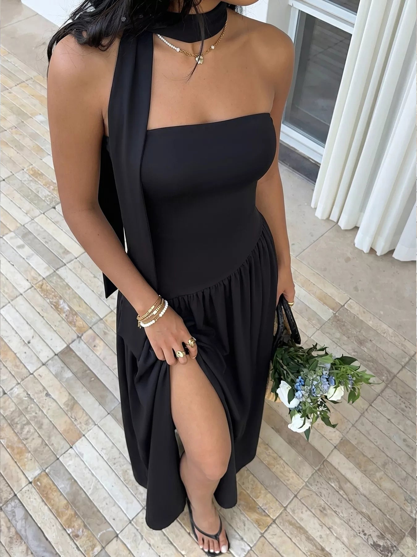 Elegant slit tube maxi dress with matching scarf by Trendsi, featuring a flowing silhouette and stylish design.