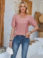 Asymmetrical neck short sleeve T-shirt with eyelet details from Trendsi, showcasing a stylish and modern top design.