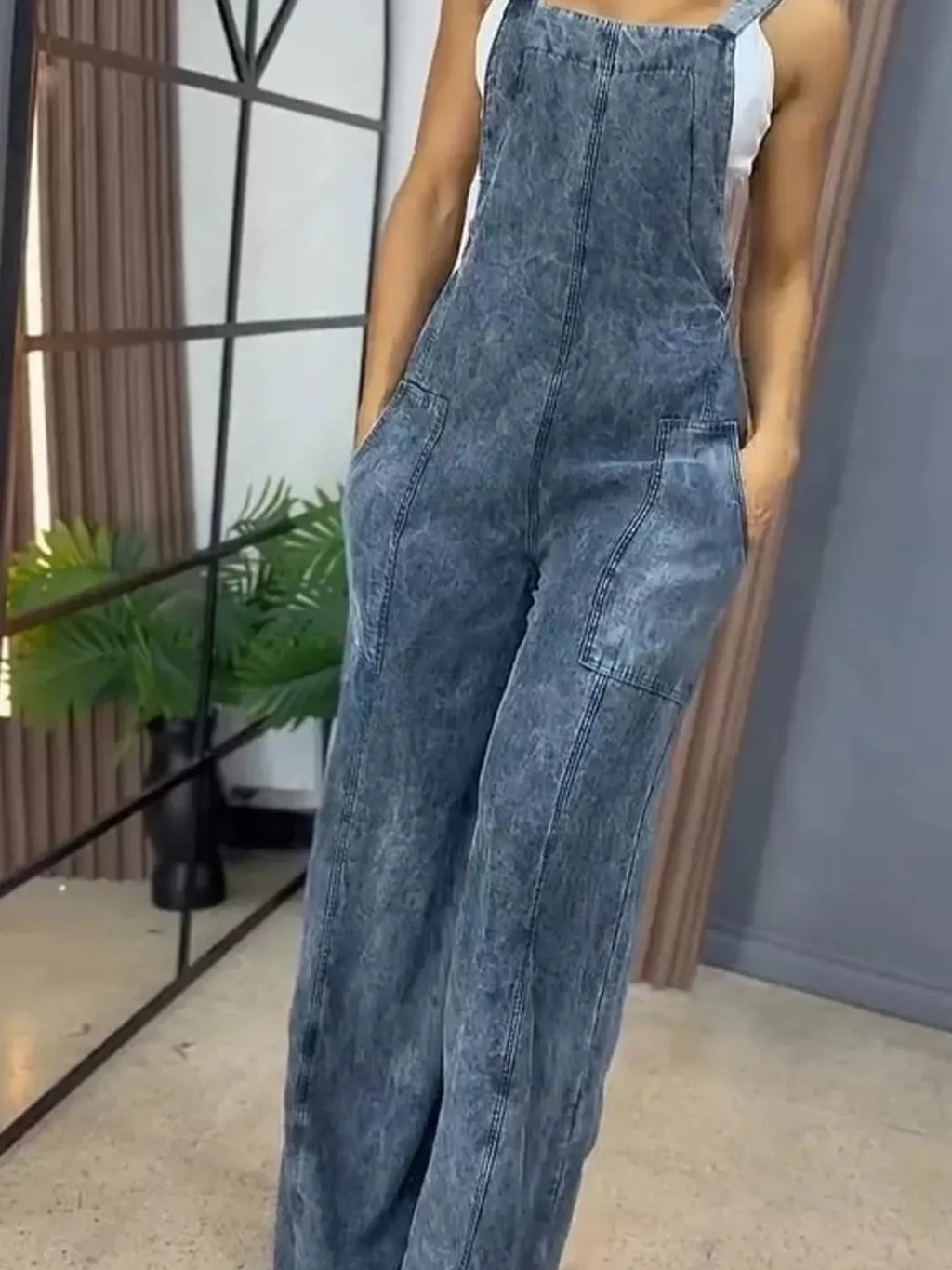 Full size wide-leg denim overalls by Trendsi, featuring a one-piece design with adjustable straps and front pockets.