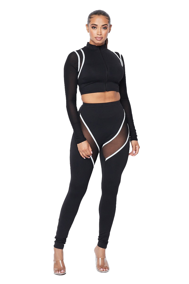 Women's 2-Piece Sheer Sleeve Cropped Jacket and High-Waisted Legging Set The House of Stylez