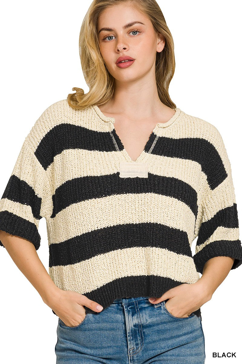 Women's striped knit sweater with a split neck from Plush Fashion Hub, soft lightweight casual pullover, shown on a model.