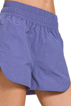 Zenana active wear windbreaker running shorts with smocked waistband, lightweight and breathable for comfortable exercise.
