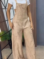 Full size wide leg denim overalls by Trendsi, one-piece jumpsuit with adjustable straps and relaxed fit, front pockets, and cuffed hems.