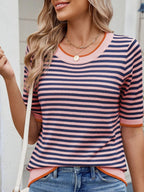 Striped casual T-shirt with contrast trim from Trendsi, featuring a comfortable fit and stylish design.
