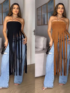 Trendsi fringe trim tube top featuring a sleeveless design with fringe detailing, perfect for stylish summer wear.