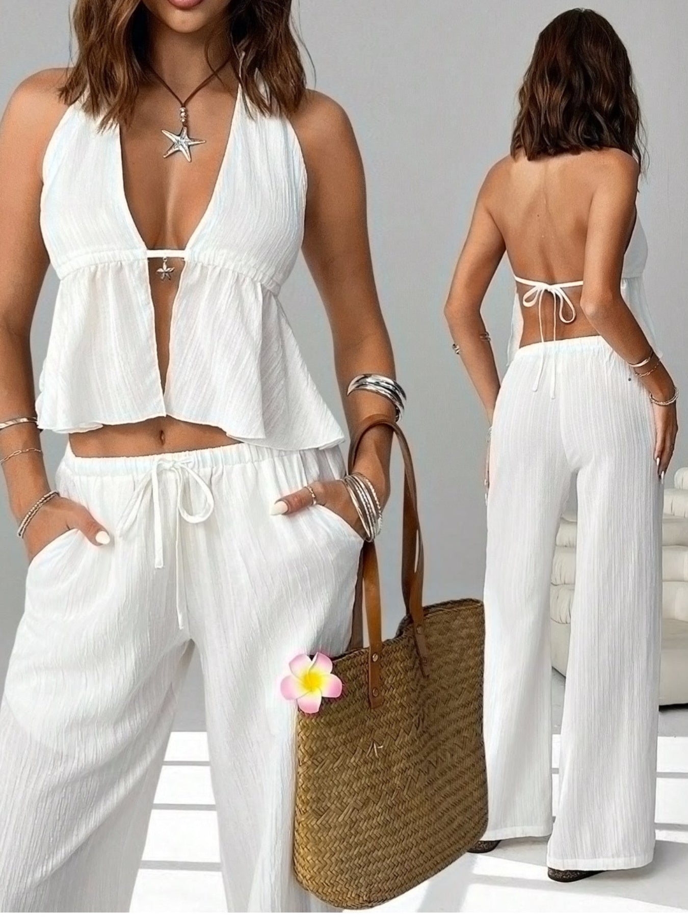 Women's chic halter neck cami and drawstring pants two-piece set from Trendsi, featuring stylish and comfortable matching outfit.
