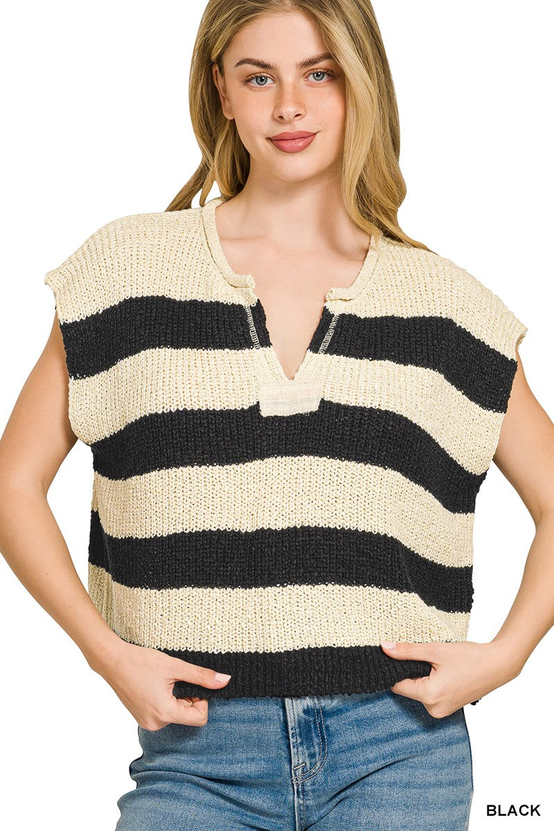 Women's striped V-neck knit sweater vest by Trendsi, sleeveless layering piece with colorful horizontal stripes and ribbed neckline.