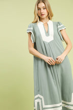 Mint green linen-cotton blend midi dress with geometric trim, stylish dress from Trendsi featuring a comfortable, elegant design.