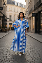 African-inspired striped loose long dress by FitiqueFit, one size, available in five colors, flowing and comfortable for casual wear.