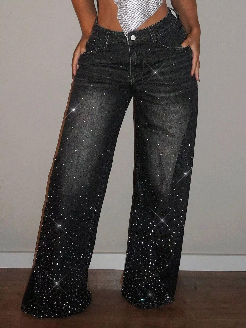Rhinestone wide-leg jeans by Trendsi featuring sparkling rhinestone embellishments and a relaxed, wide-leg fit.