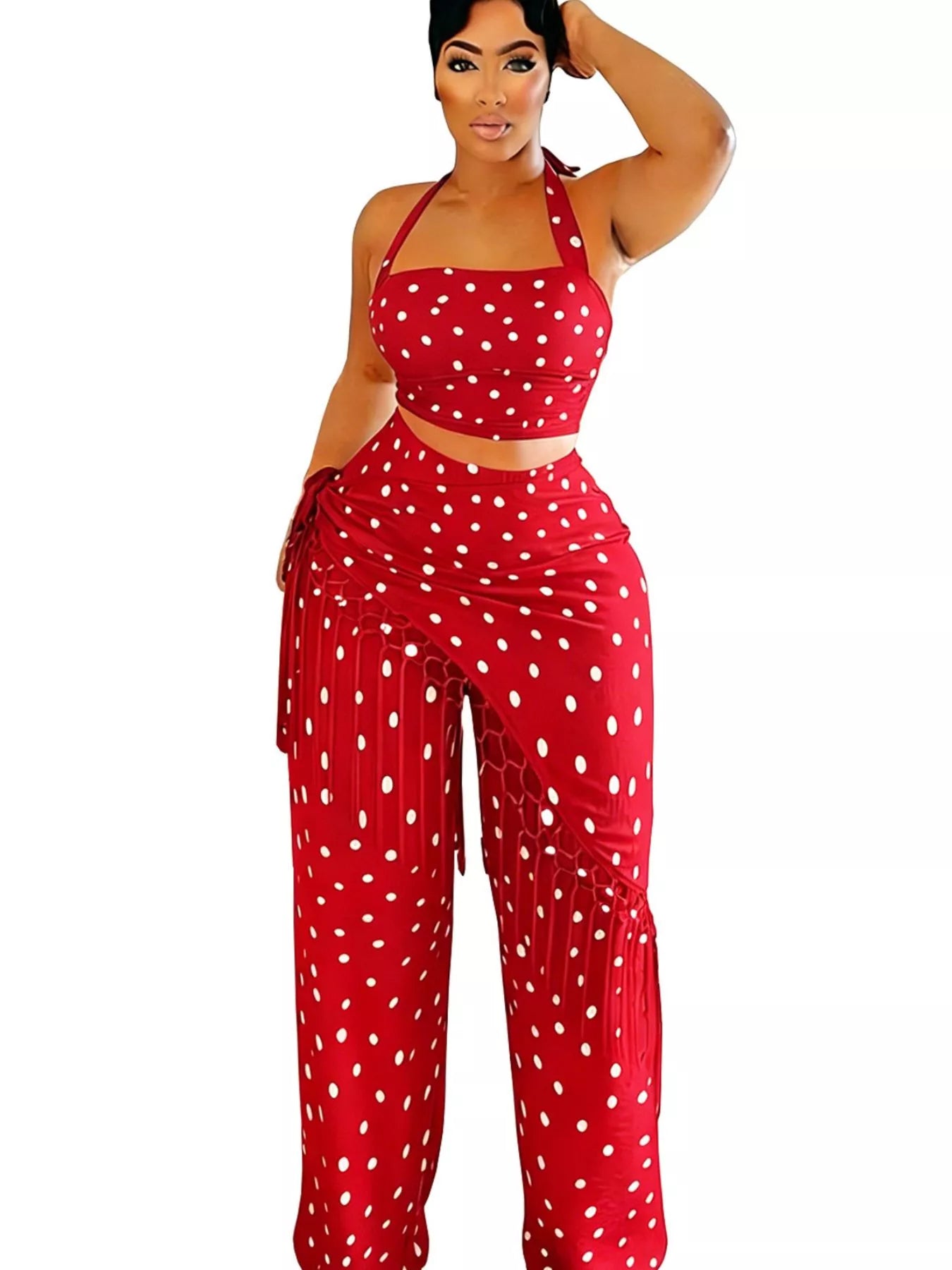 Polka dot halter neck cami with fringe trim pants set from Trendsi, featuring a stylish polka dot pattern and modern design.