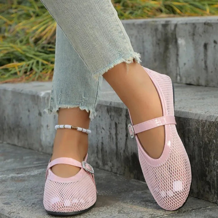 Women's breathable mesh round toe flat sandals by Trendsi, showing comfortable, open-toe footwear with a casual summer style.