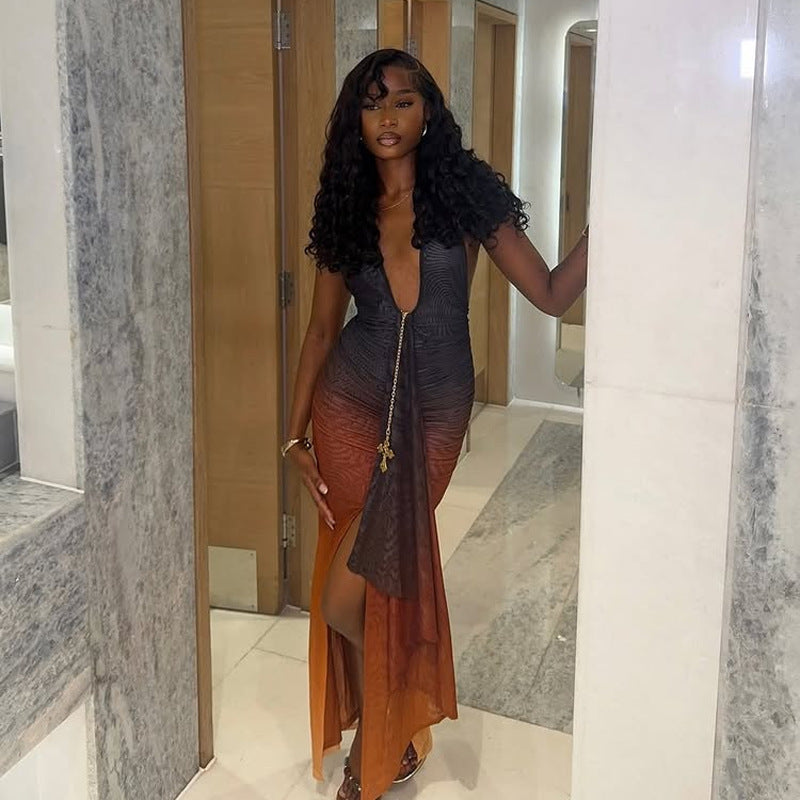 Bold Colorblock Backless Maxi Bodycon Dress