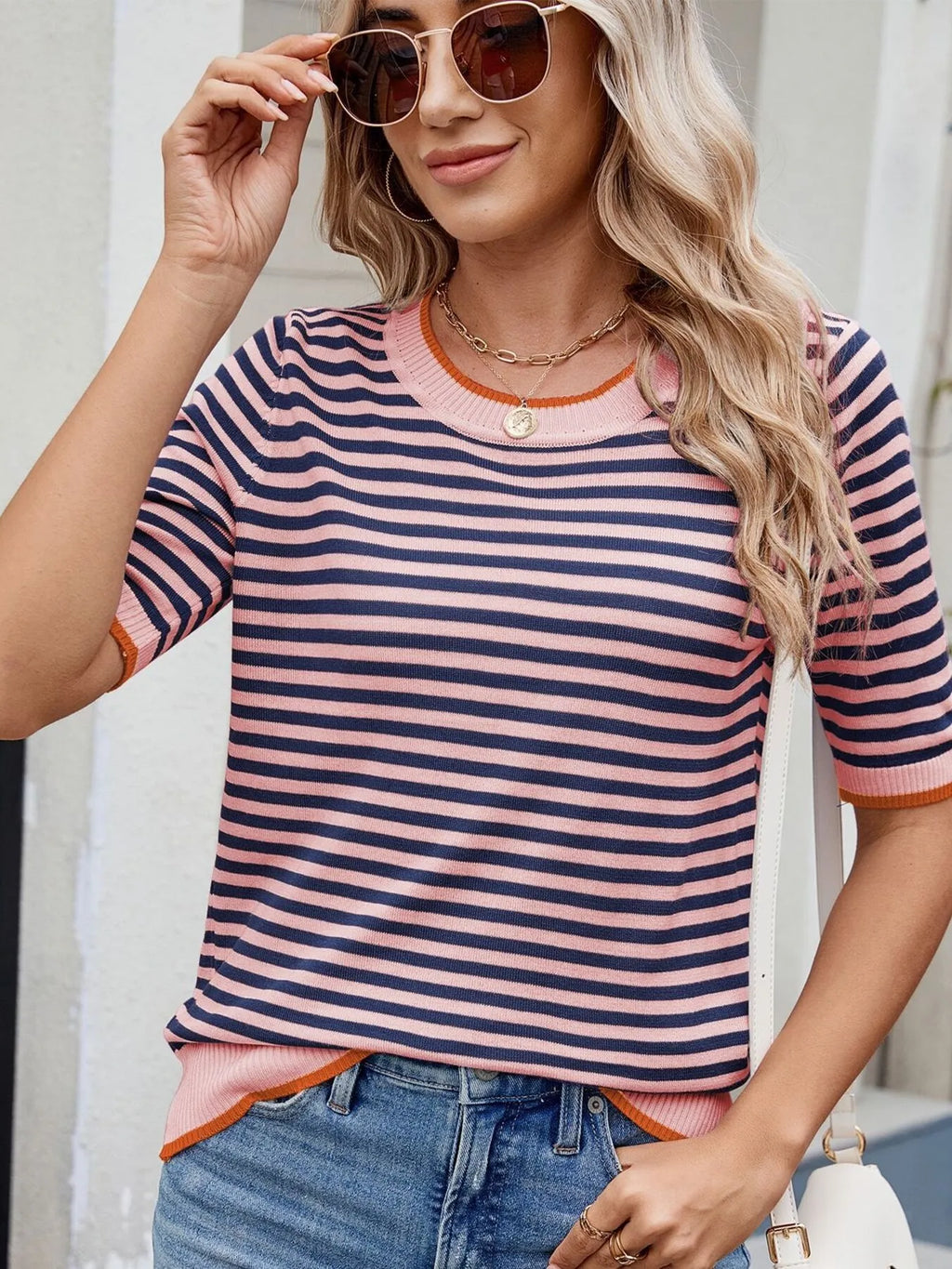 Striped casual T-shirt with contrast trim, trendy tops by Trendsi, featuring a comfortable fit and stylish design.