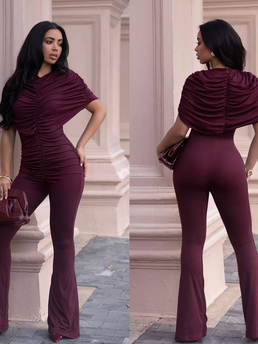 Ruched flare leg jumpsuit by Trendsi, featuring a stylish fitted bodice, ruched details, and wide flare legs for a chic look.