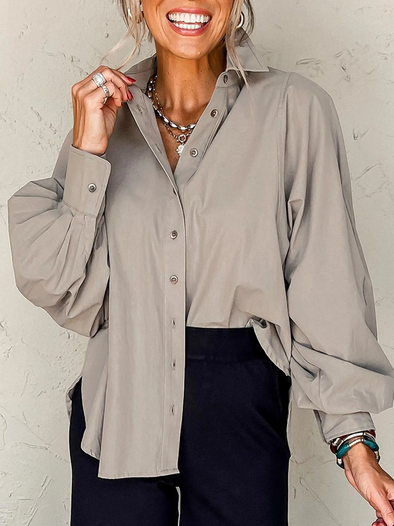 Women's white cotton button-up lantern sleeve shirt featuring a casual chic blouse style with a relaxed fit and classic collar.