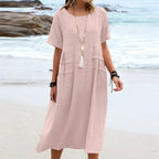 Women's Casual Cotton Linen Short-Sleeve Midi Dress