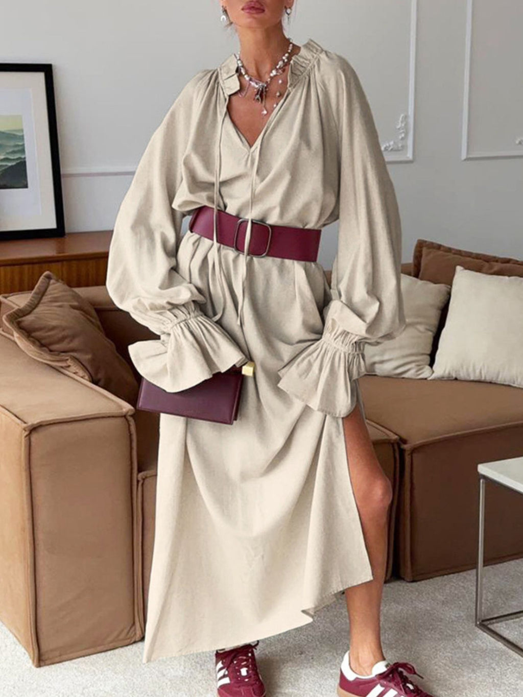 Cotton linen maxi dress with tie neck and flounce sleeves, trendy design from Trendsi, perfect for casual or summer wear.