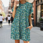 Floral print loose pocket dress by FitiqueFit featuring round neck, short sleeves, perfect casualwear for warm days