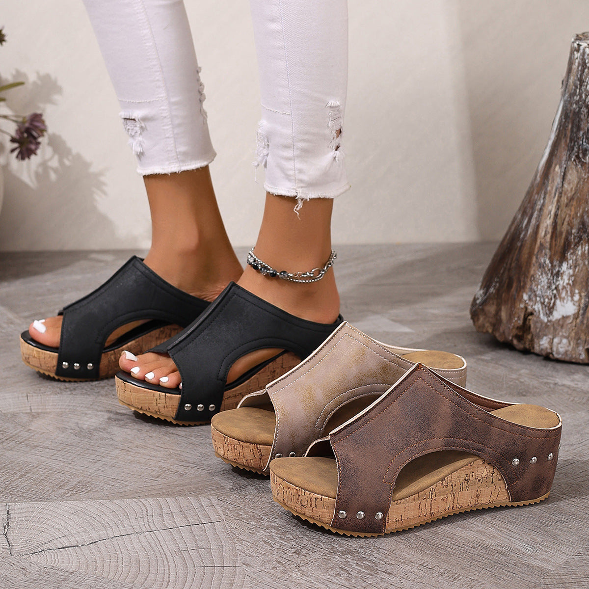 Open toe wedge sandals by Plush Fashion Hub featuring stylish design, comfortable straps, and a supportive wedge heel.