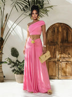 Trendsi one-shoulder top and ruched maxi skirt set, stylish matching outfit with fitted top and flowing skirt, perfect for summer wear