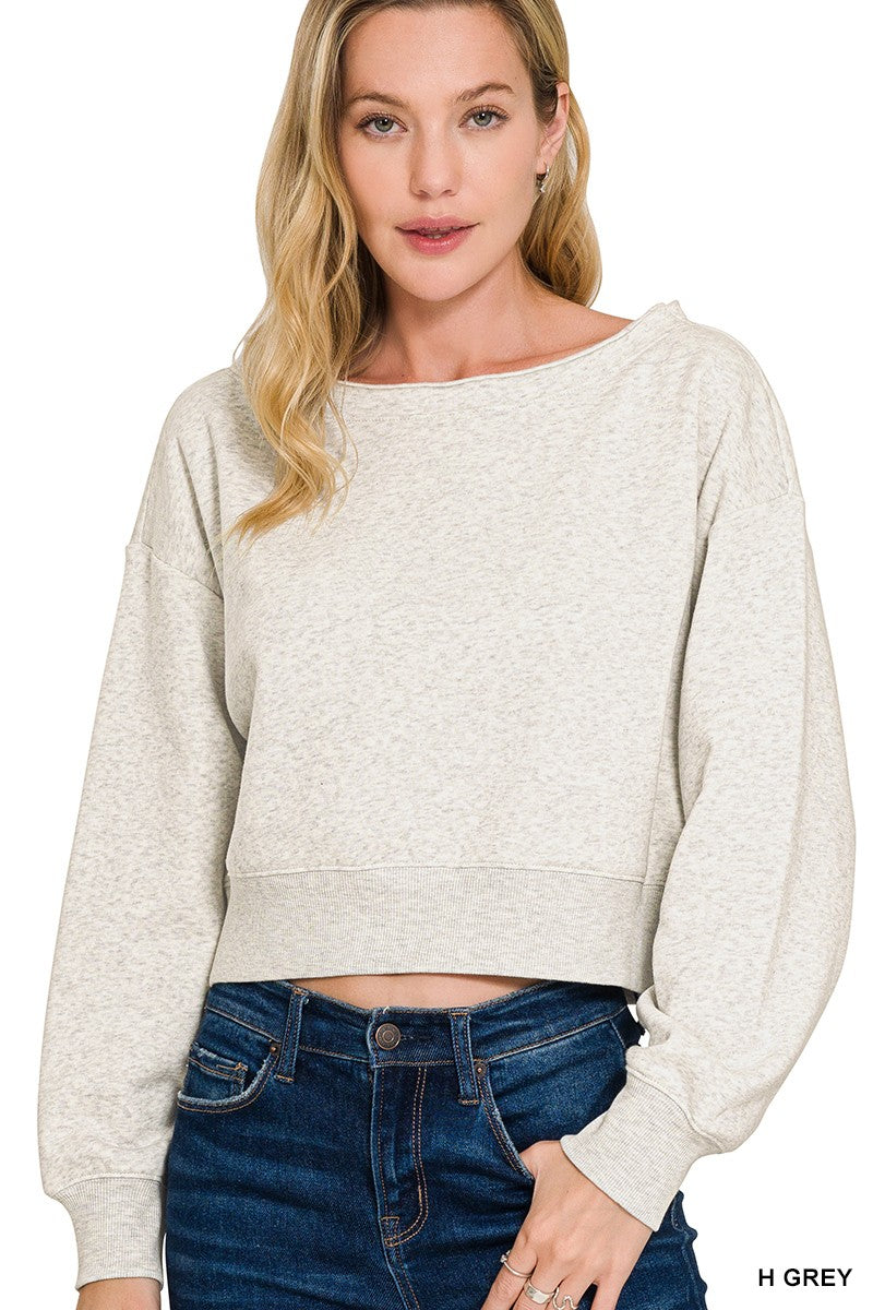 Women's cropped boat-neck fleece sweatshirt by Trendsi, cozy casual pullover with soft fleece fabric and relaxed fit.