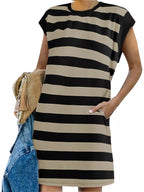 Plus size casual striped short sleeve mini dress from Trendsi, featuring a full size fit and stylish design.