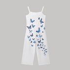 Women's butterfly print sleeveless overalls from FitiqueFit featuring loose fit suspender pants and casual bottom style.