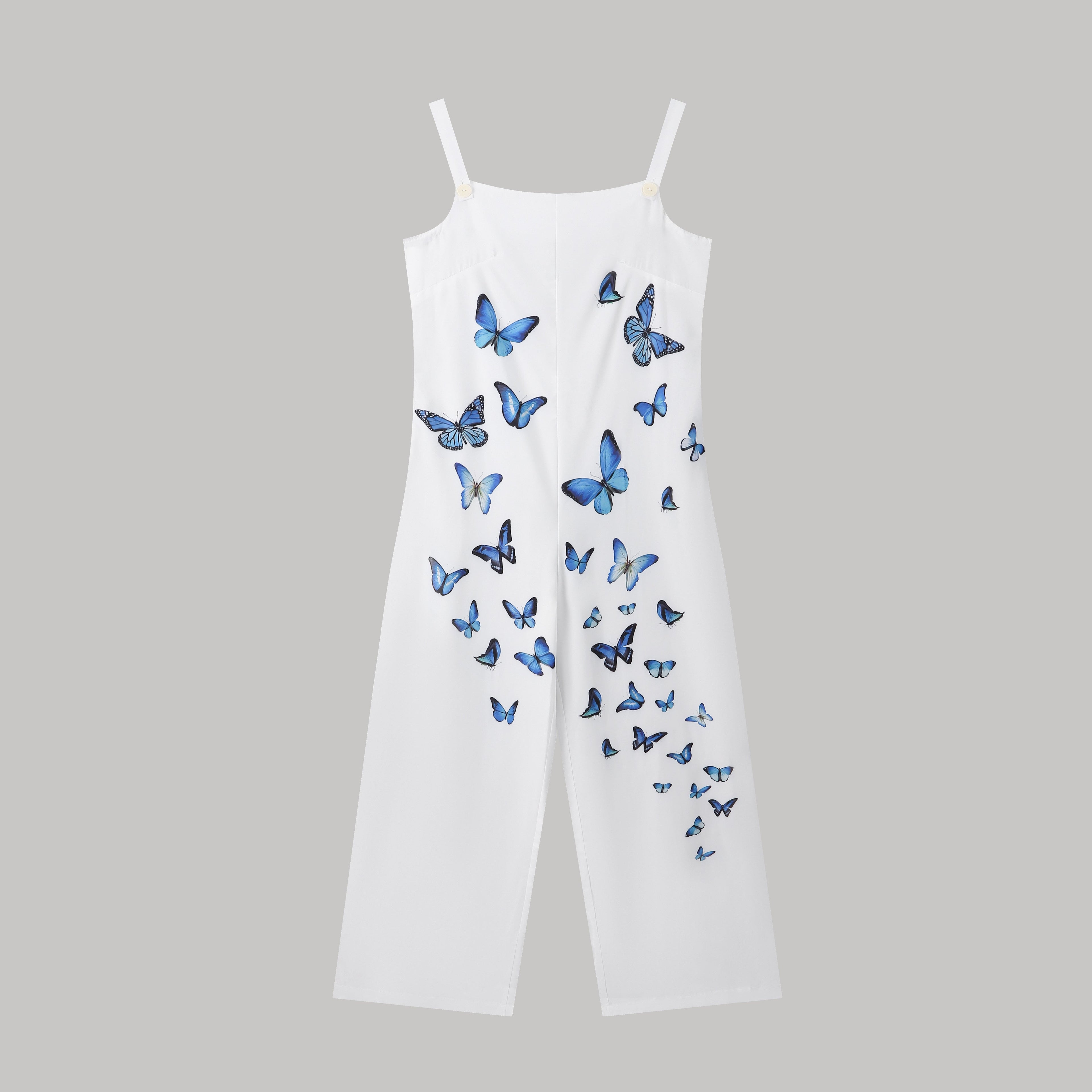 Women's butterfly print sleeveless overalls from FitiqueFit featuring loose fit suspender pants and casual bottom style.