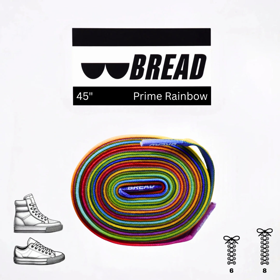Colorful Prime Rainbow elastic shoelaces by Bread, showing vibrant rainbow-patterned stretch laces for sneakers and athletic shoes.