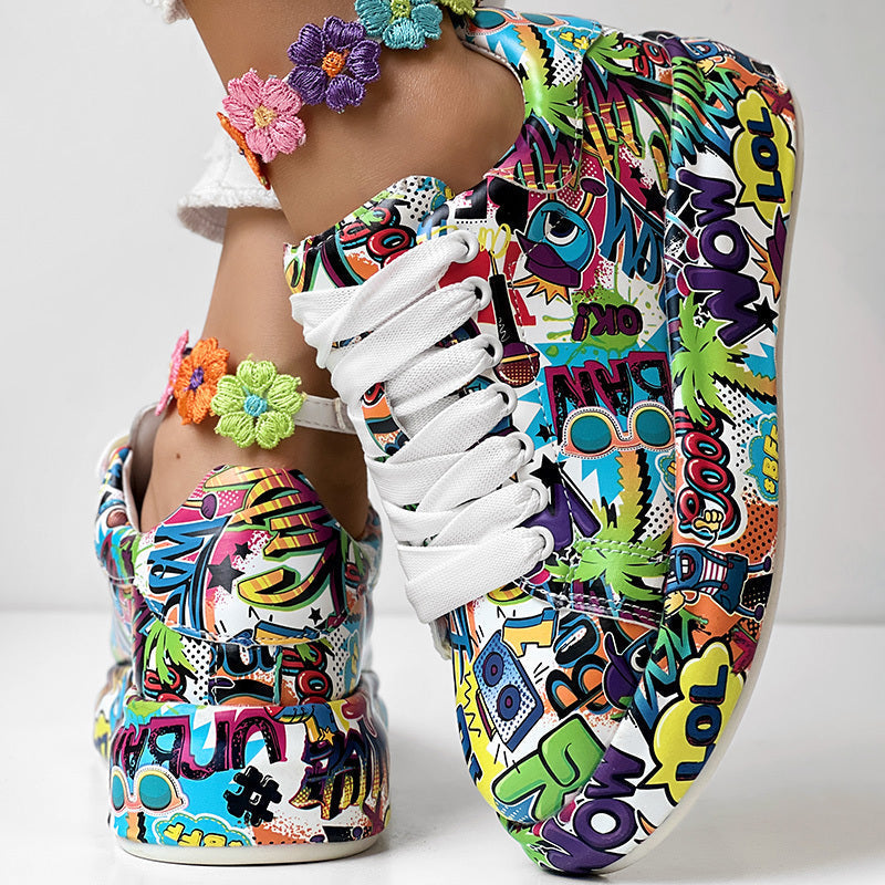 Women's FitiqueFit round-toe lace-up sneakers with thick soles and casual printed design, stylish footwear for everyday wear.