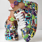 Women's FitiqueFit round-toe lace-up sneakers with thick soles and casual printed design, stylish footwear for everyday wear.