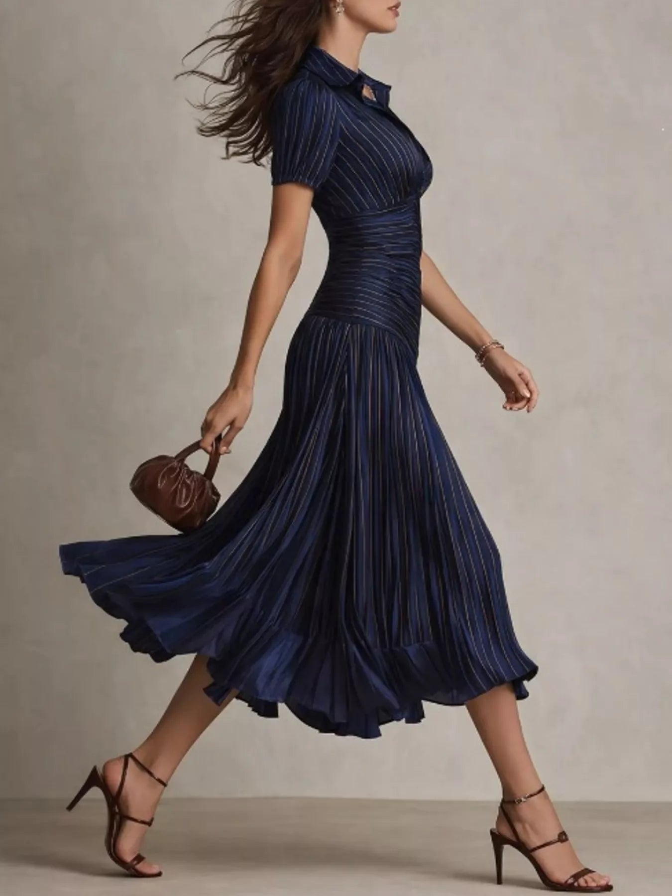 Pleated striped short sleeve midi dress by Trendsi with a flowy silhouette and stylish pattern, perfect for casual or semi-formal wear.