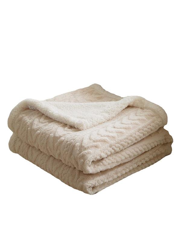 Plush Fashion Hub beige, double-layered lamb fleece blanket with a soft, textured cable-knit pattern.