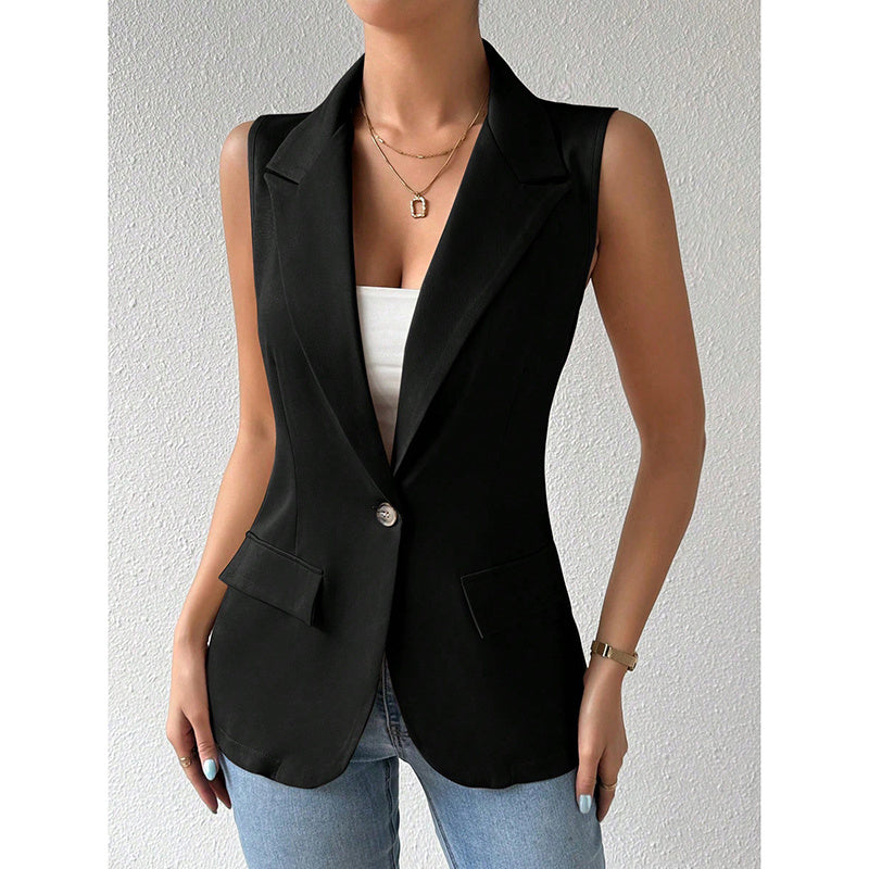 A black, sleeveless, single-button tailored blazer vest with notched lapels and two side pockets.