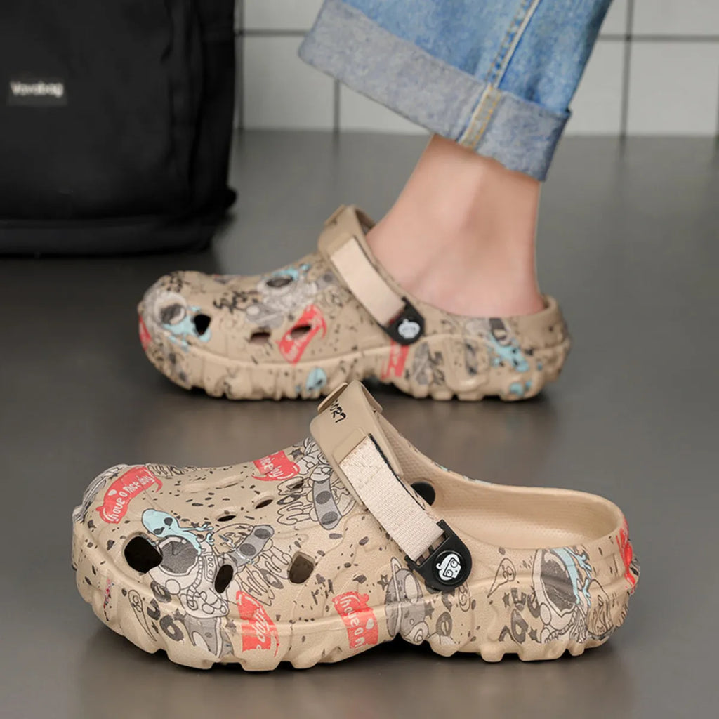 Men's printed platform sandals in trendy footwear style with bold patterns and chunky soles, designed for casual summer wear.