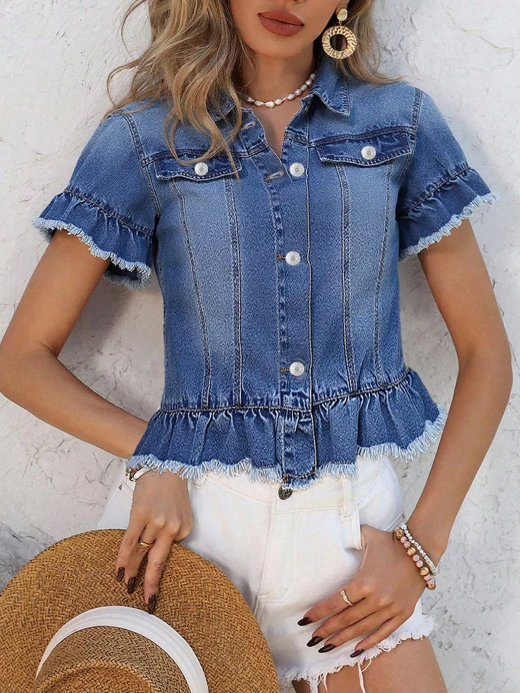 Plush Fashion Hub ruffle hem short sleeve denim jacket with button closure and stylish design, perfect for casual wear.